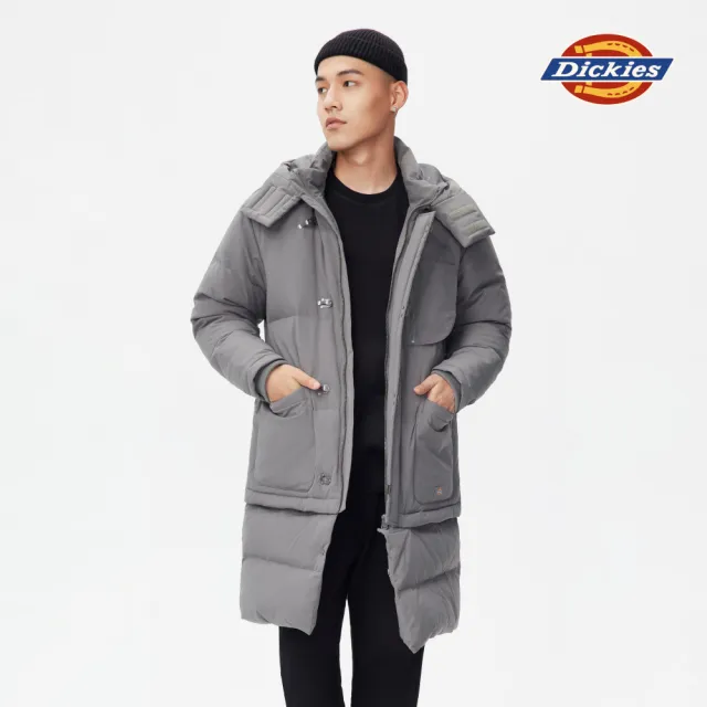 【Dickies】男款鐵灰色可拆式連帽下擺休閒長版羽絨外套｜DK010913D68