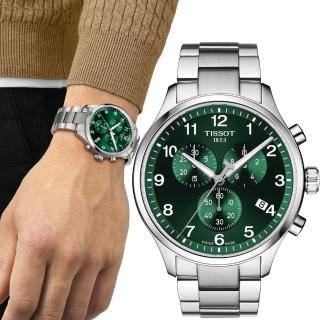 【TISSOT 天梭 官方授權】韻馳系列 XL 三眼計時碼錶腕錶(T1166171109200-綠 45mm)