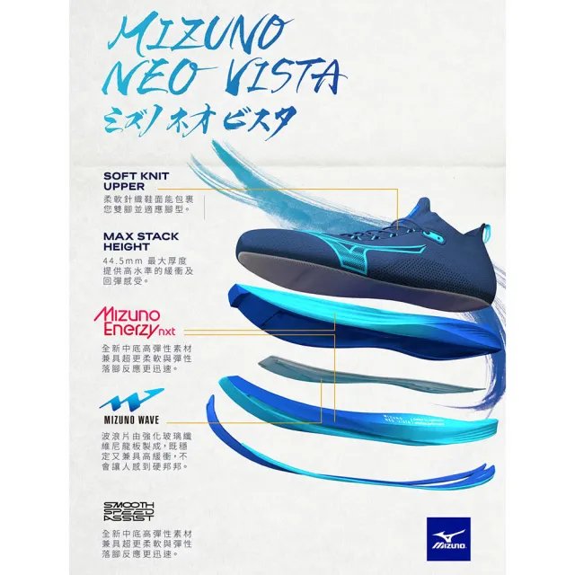 【MIZUNO 美津濃】慢跑鞋 MIZUNO NEO VISTA(踩屎感緩震中底 運動鞋 訓練鞋 馬拉松鞋 路跑鞋 田徑鞋)