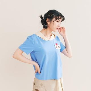 【Dailo】可愛阿貓挖洞口袋配色連帽棉短袖上衣(藍 綠 咖/魅力商品)