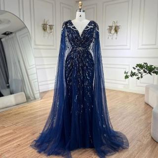 【女神婚紗禮服】極致奢華閃耀串珠披肩深V收腰無袖小魚尾晚禮服LA72168A皇家藍(選美宴會敬酒 高階晚禮服)