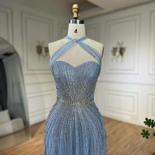 【女神婚紗禮服】奢華手工串珠無袖交叉心領A字魚尾晚禮服LA72322天使藍(選美宴會敬酒 高階晚禮服)
