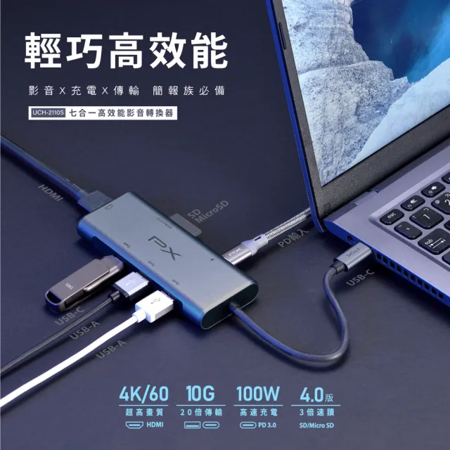 【PX 大通-】最划算2年保固7合1 100W瓦USB Type C HDMI hub集線器4k七合一Hub轉接器SD 4.0 mac(UCH-2110S)