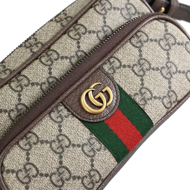 【GUCCI 古馳】OPHIDIA 經典雙G緹花前口袋腰掛包相機包斜背包(駝/棕)