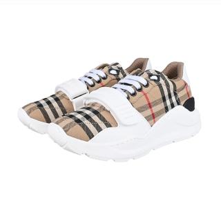 【BURBERRY 巴寶莉】BURBERRY 立體白字 LOGO 棉質重疊格紋拼小牛皮混多材質運動鞋(女款/典藏米x白x黑)