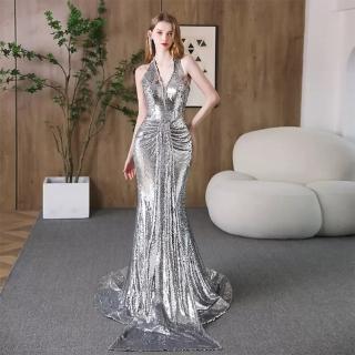 【女神婚紗禮服】時尚輕奢小眾名媛高階感年會主持銀色閃亮魚尾晚禮服PLGZ-2412(演奏宴會敬酒 綁帶款晚禮服)