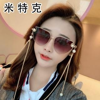 【MR.TECH 米特克】UV400太陽眼鏡時尚女仕大框矩方框墨鏡(三角月亮貓眼大框1991含珍珠掛鍊)