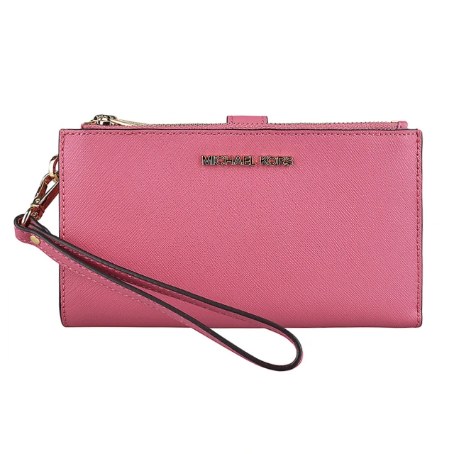 Michael Kors MK MICHAEL KORS WRISTLET LOGO釦式防刮牛皮6卡手拿中夾(桃粉紅)