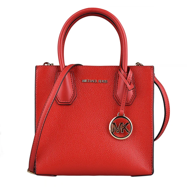 Michael Kors MK MICHAEL KORS MERCER 金屬LOGO牛皮手提斜背包(中/火焰紅)