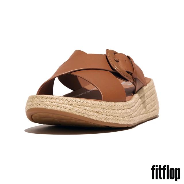 FitFlop F-MODE 草編扣環皮革厚底交叉涼鞋(駝色)