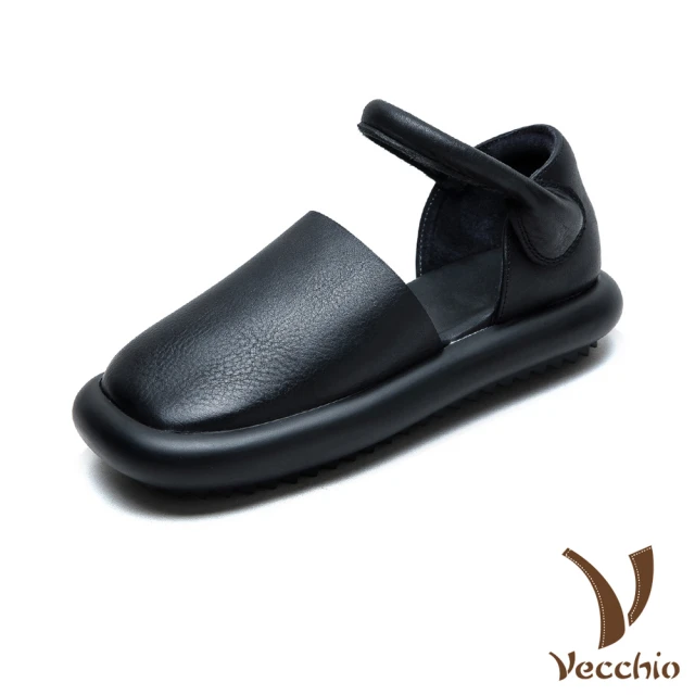 Vecchio 真皮涼鞋 厚底涼鞋/真皮頭層牛皮軟面包頭一字帶舒適厚底涼鞋(黑)