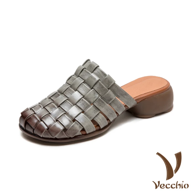 Vecchio 真皮拖鞋 粗跟拖鞋/全真皮頭層牛皮手工編織復古擦色包頭粗跟拖鞋(灰)