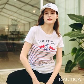 【NAUTICA】女裝 船錨LOGO印花條紋短袖T恤(白色)