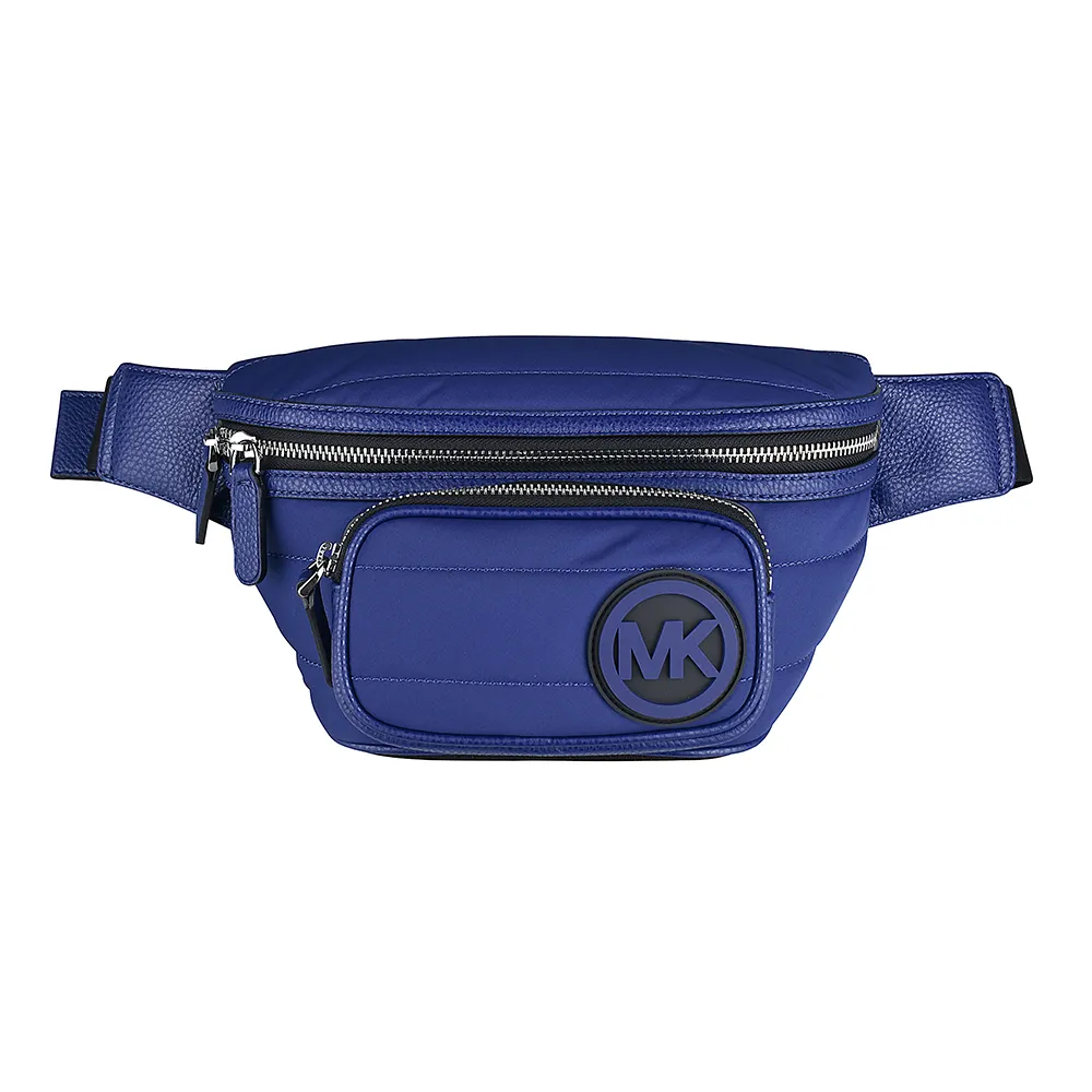 【Michael Kors】MK MICHAEL KORS BROOKLYN字母圓標LOGO拉鍊絎縫尼龍胸腰包(鈷藍x黑)