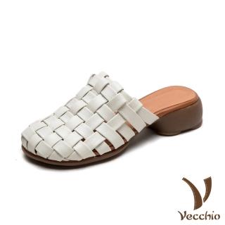 【Vecchio】真皮拖鞋 粗跟拖鞋/全真皮頭層牛皮手工編織復古擦色包頭粗跟拖鞋(米)