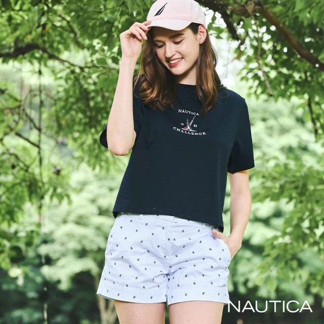 NAUTICA 女裝 滿版帆船刺繡條紋短褲(藍色)