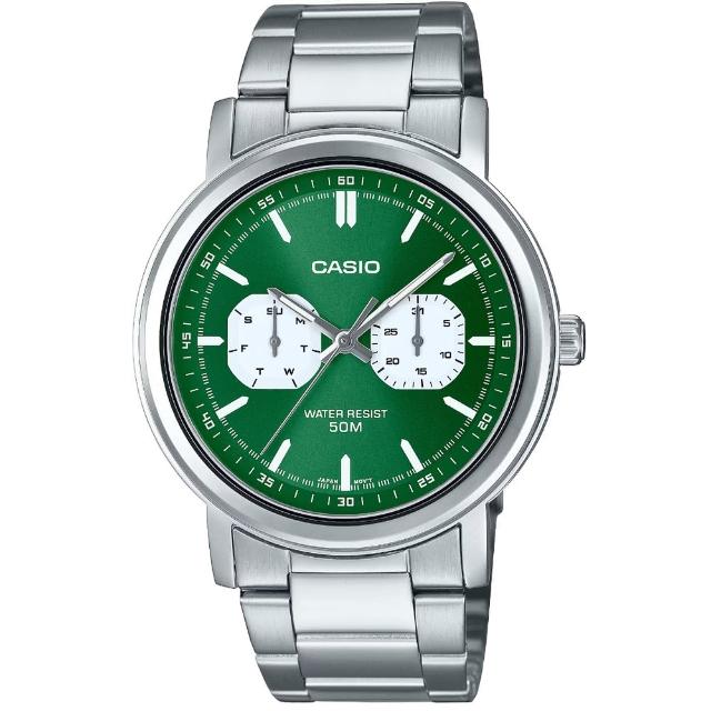 【CASIO 卡西歐】卡西歐大錶徑石英鋼帶男錶-綠(MTP-E335D-3E 台灣公司貨)