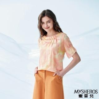 【MYSHEROS 蜜雪兒】天絲棉造型上衣 抓摺珠鑽裝飾領 雙層荷葉袖(橙)