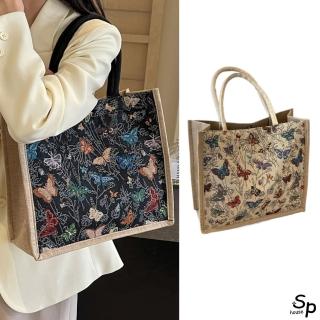 【Sp house】藝術花卉蝴蝶帆布棉麻大容量外出手提袋購物袋側肩袋(2色可選)