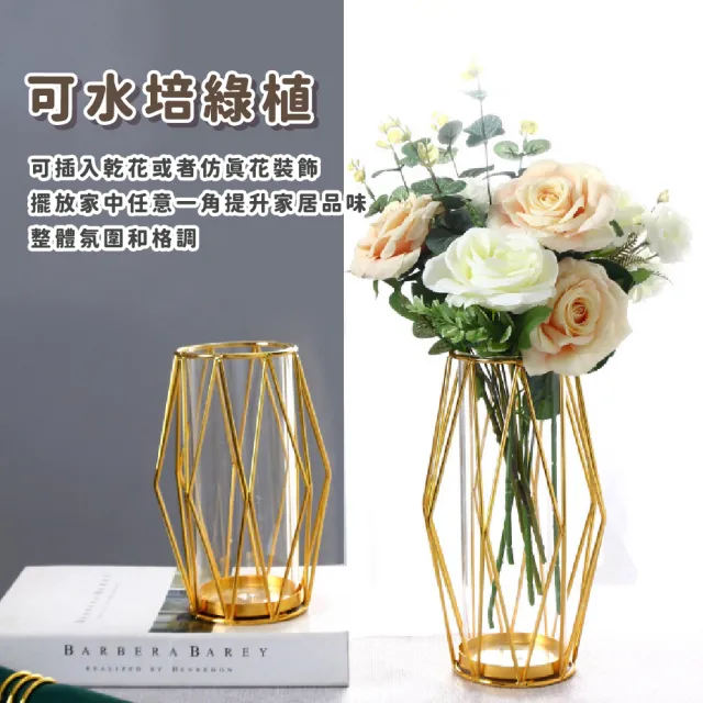 【園藝點綴】菱形鐵藝玻璃花瓶(水培瓶 乾燥花 透明 造型 插花瓶 桌面餐桌擺飾 再生花 鮮花 花藝 玄關)