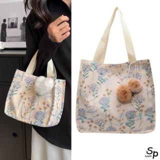【Sp house】優雅蒲公英花朵毛球帆布大容量外出手提袋購物袋側肩袋(2色2款可選)