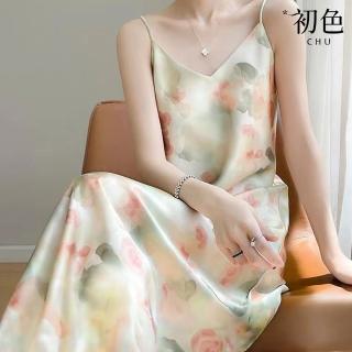 【初色】寬鬆遮肉顯瘦碎花印花休閒無袖吊帶連身裙長洋裝-共3色-34786(M-2XL可選)