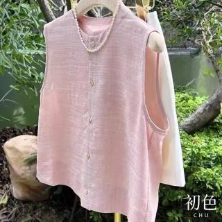 【初色】亞麻風圓領單排釦無袖馬甲背心女外套-共2色-35117(M-2XL可選)