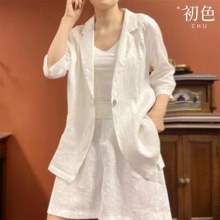 【初色】西裝領七分袖長袖開衫外套外套女外套+素色休閒褲寬褲短褲套裝-共3色-35791(M-3XL可選)