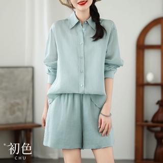【初色】通勤風棉麻薄款長袖襯衫上衣女上衣+純色寬鬆闊腿褲休閒褲短褲套裝-共2色-35789(L-2XL可選)