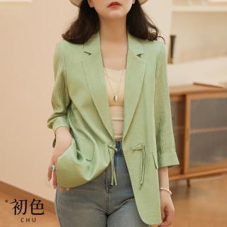 【初色】純色休閒翻領七分短袖盤扣西裝外套女外套-共5色-35701(M-2XL可選)