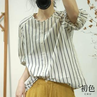 【初色】韓版簡約條紋寬鬆顯瘦單排扣休閒七分袖襯衫上衣-豎條紋-35708(M-2XL可選)