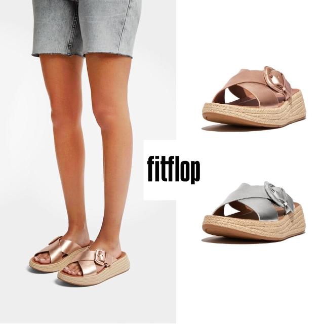 【FitFlop】F-MODE 草編扣環金屬皮革厚底交叉涼鞋(共2款)