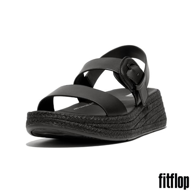 【FitFlop】F-MODE 草編扣環皮革厚底涼鞋(黑色)