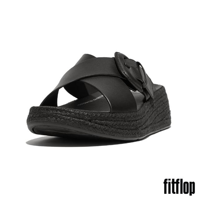 【FitFlop】F-MODE 草編扣環皮革厚底交叉涼鞋(黑色)