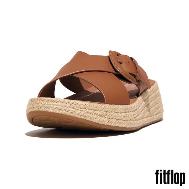 【FitFlop】F-MODE 草編扣環皮革厚底交叉涼鞋(駝色)
