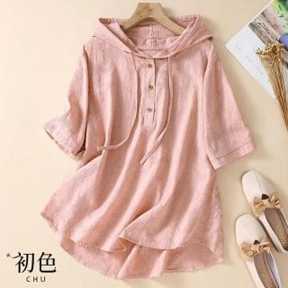 【初色】棉麻風復古緹花休閒短袖抽繩連帽T恤上衣-共2色-35687(M-3XL可選)