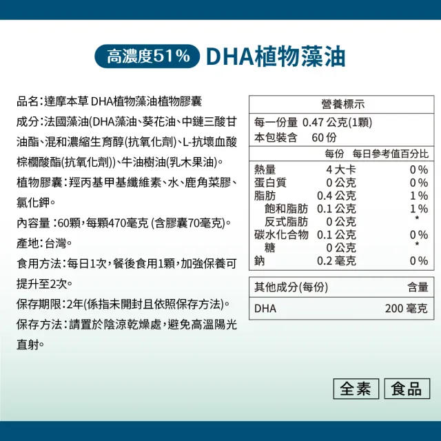 【達摩本草】法國51%DHA植物藻油2入組(60顆/盒）（共120顆)