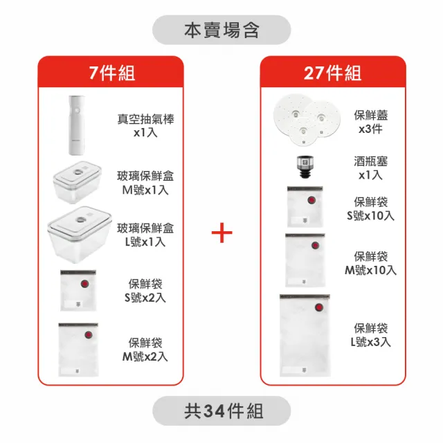 【ZWILLING 德國雙人】FRESH & SAVE智能真空保鮮袋澎派超值7+27組(德國雙人牌集團官方直營)