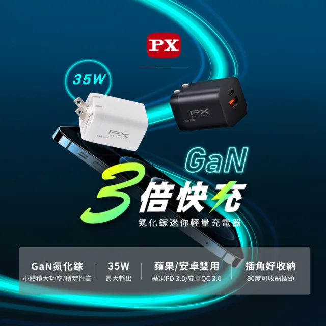 【PX 大通-】2年保固35W瓦氮化鎵GaN充電器快充Type C PD筆電平板手機 USB 2孔 充電頭Iphone蘋果(PWC-3511W)