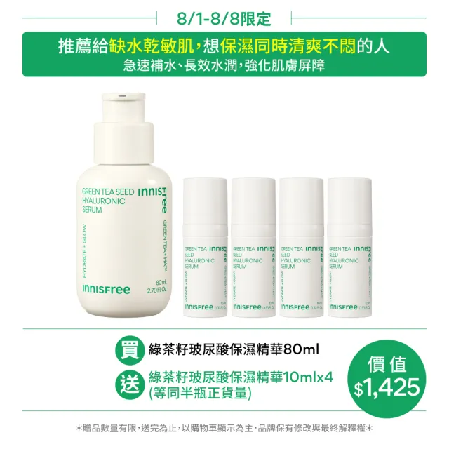 【INNISFREE】綠茶籽玻尿酸保濕精華 80ml(補水神器)