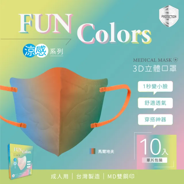 【HC浩城-Fun Colors 漸層版 3D涼感口罩-任選4盒組(40片)】-單片包裝- KN95(1秒變小臉 台灣製造 醫療級)
