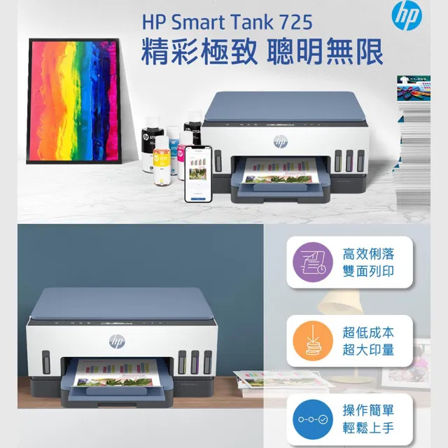 【HP 惠普】搭1大容量黑墨GT53XL★Smart Tank 725 三合一Wifi連續供墨複合機(列印/雙面列印/影印/掃描/無線