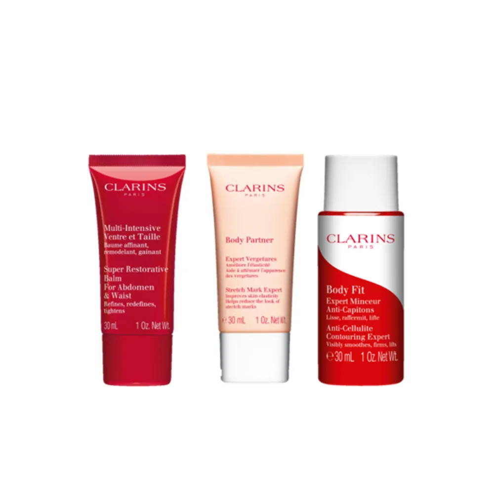 【CLARINS 克蘭詩】全新一代宛若新生撫紋霜30ml+紅魔超Ｓ勻體精華30ml +升級版呼拉小腹霜30ml(超S美體組)