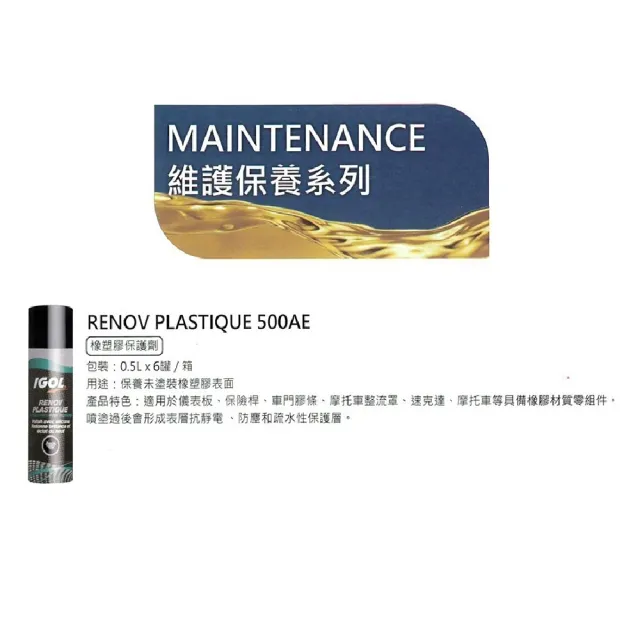 【IGOL法國原裝進口機油】RENOV PLASTIQUE  500AE 橡塑膠保護劑(整箱0.5LX6入)