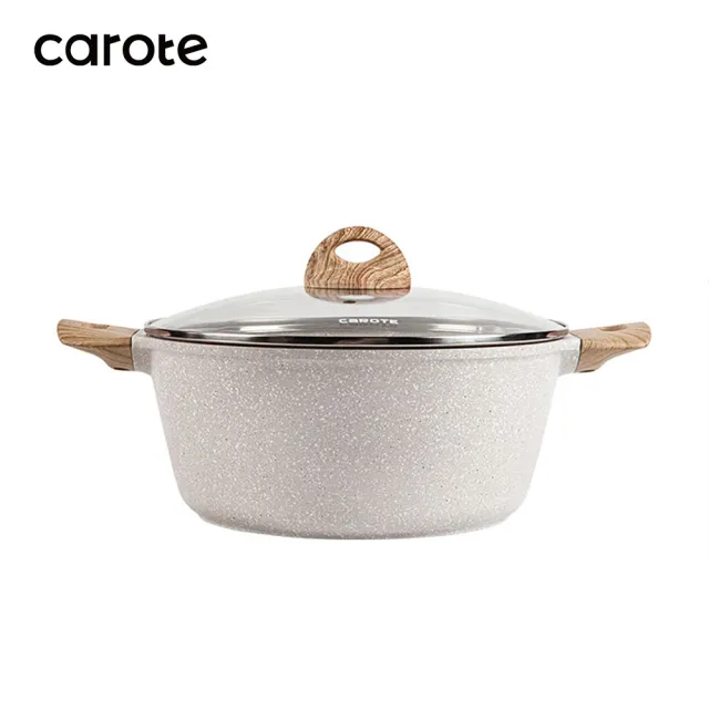 【CAROTE】COSY系列 麥飯石不沾鍋 湯鍋 24CM 含鍋蓋 雙耳 煮鍋 燉鍋 鍋具(電磁爐/ih爐)