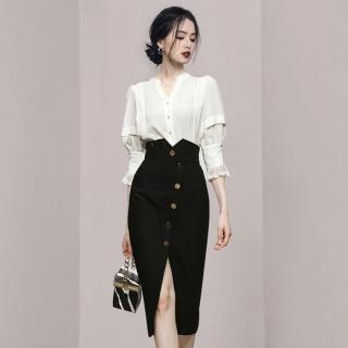 【Very Buy 非常勸敗】預購/御姐風職業氣質套裙韓版時尚V領燈籠袖內搭上衣高腰開叉套裝