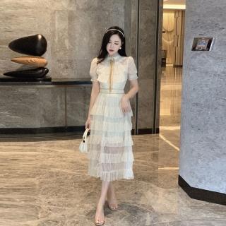 【Very Buy 非常勸敗】預購/法式甜美網紗泡泡袖公主裙重工壓褶荷葉邊中長款氣質洋裝女