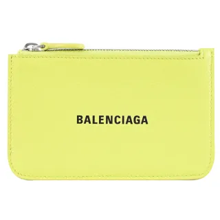 【Balenciaga 巴黎世家】簡約經典品牌LOGO荔枝牛皮信用卡零錢包(螢光黃)