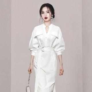 【Very Buy 非常勸敗】預購/韓國風大尺碼白色氣質中長裙收腰顯瘦中長襯衫內搭上衣洋裝