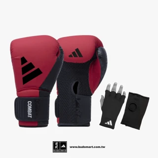 【adidas 愛迪達】Combat 50 紅黑拳擊手套+快速手綁帶超值組合(拳擊 泰拳 格鬥 搏擊 拳套 健身 有氧)